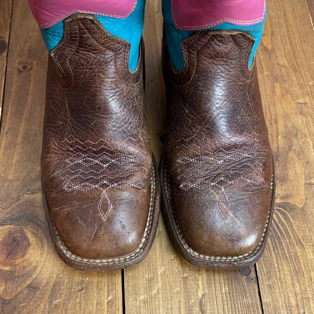 Macie Bean Girls Brown Western Boots with Pink, Teal & White Chevron Shaft